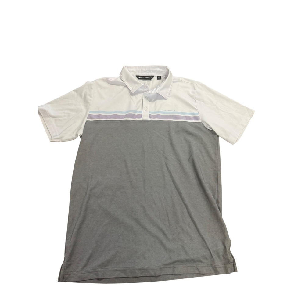 Travis Mathew Polo Shirt Medium Gray‎ White Striped Golf Casual